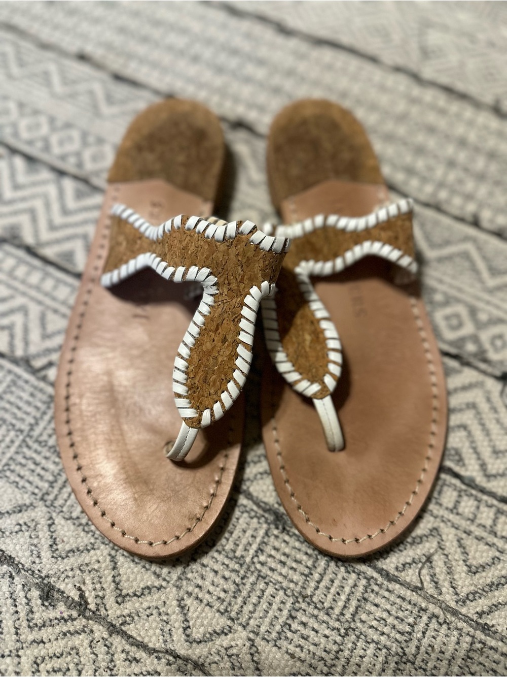 Jack Rogers Tan Leather & White-Trim Woven Thong Sandals
